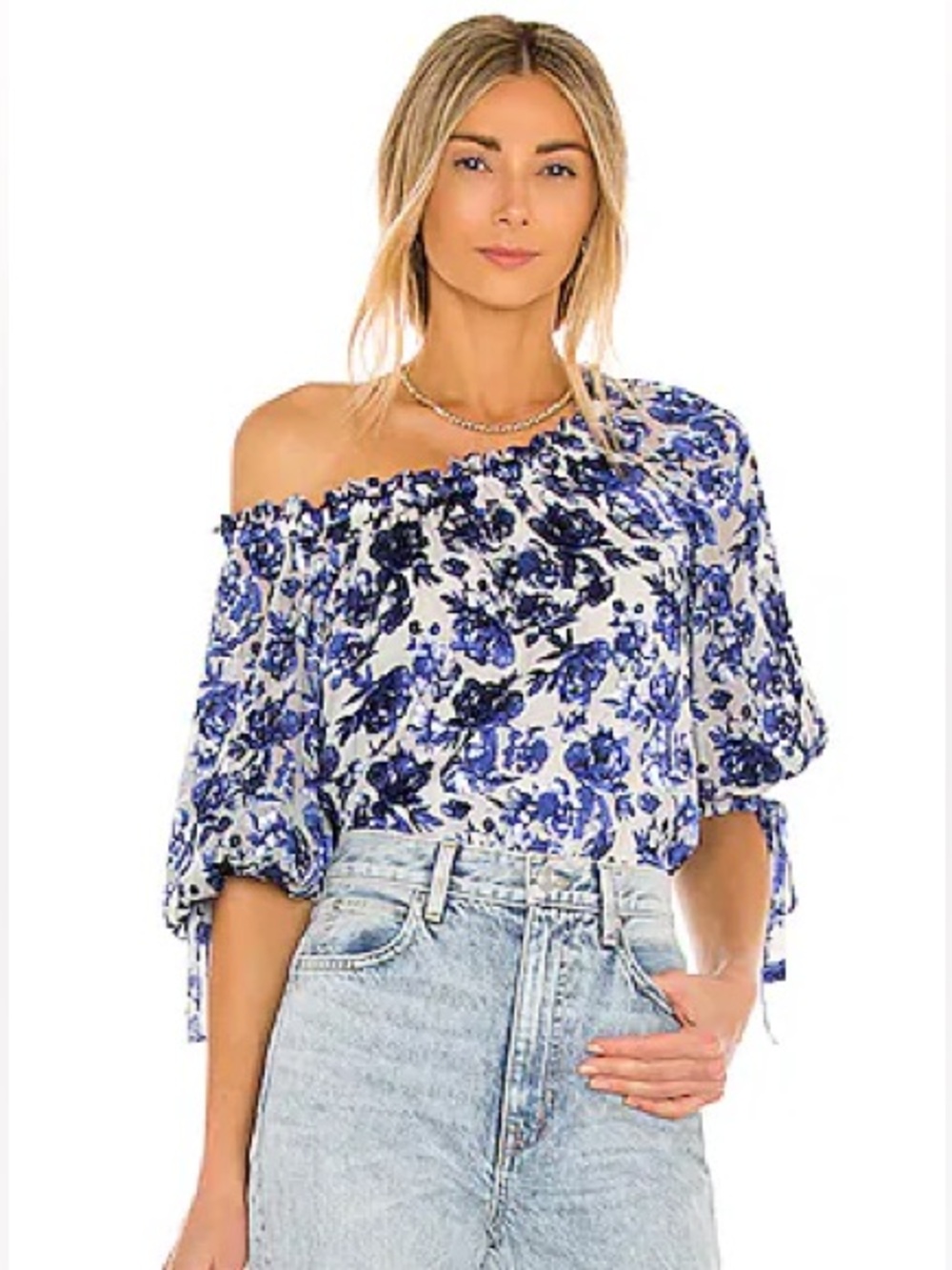 Alice + Olivia - Alta Blouson Sleeve Peasant Top in Forget Me Not Antique White